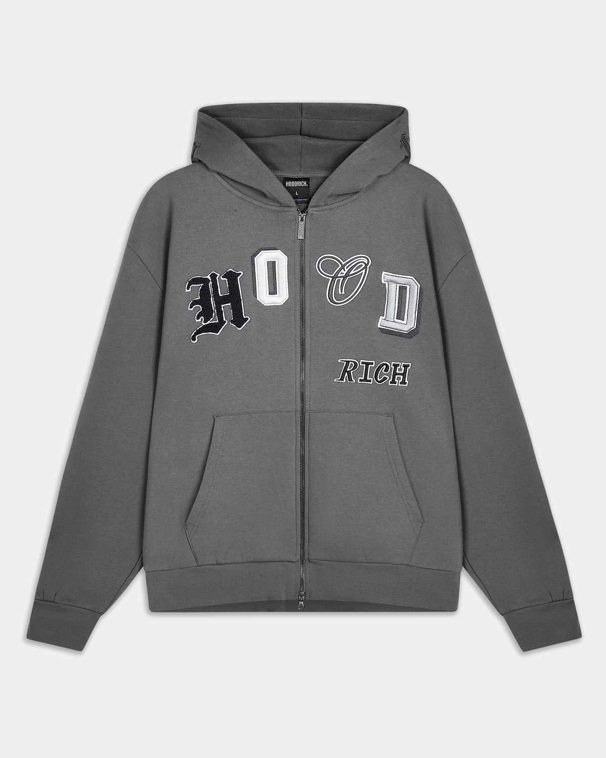Displays the grey lava smoke 'Hoodrich' branded Forza Oversized Zip Through Hoodie
