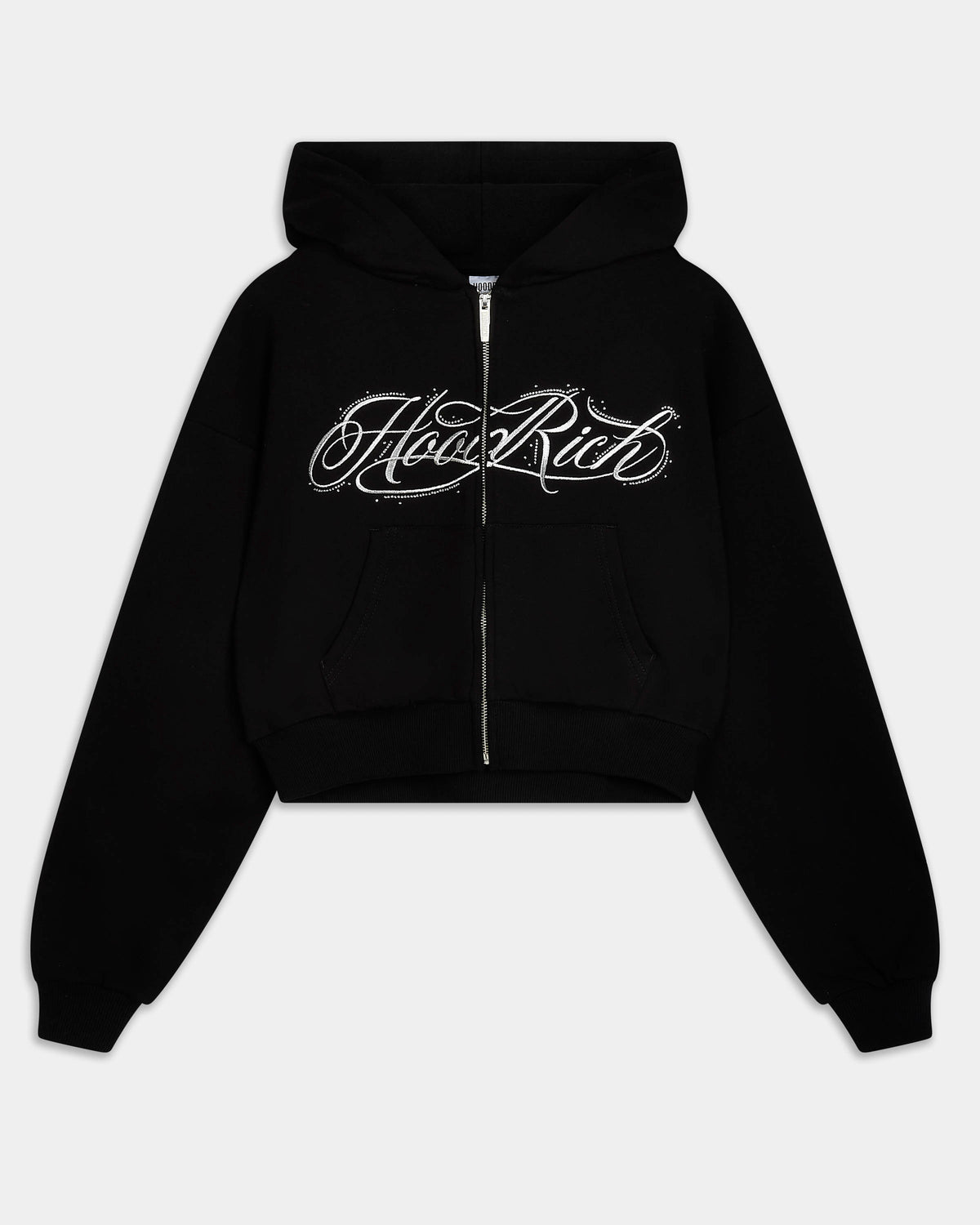 Displays the black 'Hoodrich' branded Solace V2 Boxy Z/T Hoodie