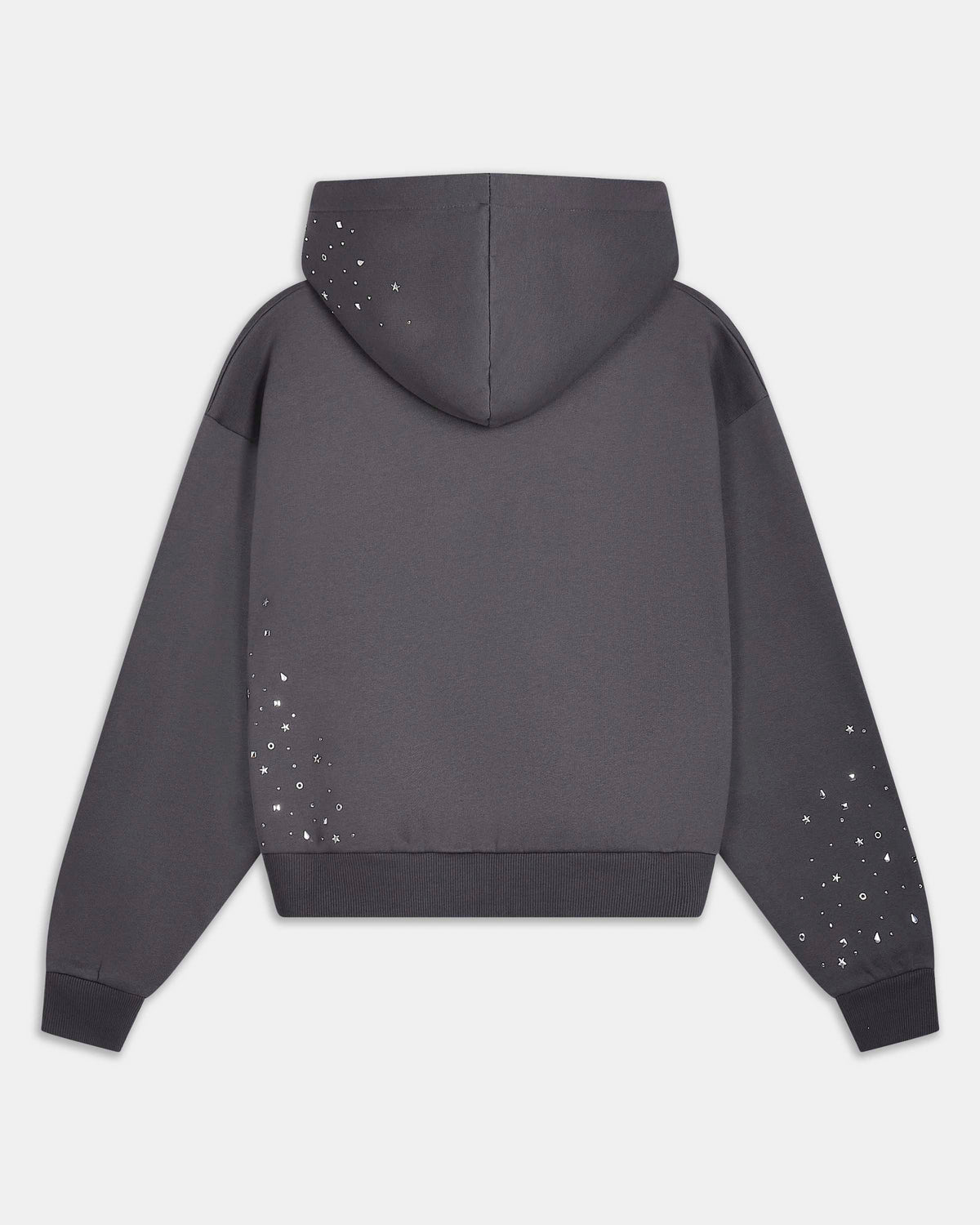 Displays the Silver rhinestone 'Hoodrich' branded Clash V2 Mid Length Z/T Hoodie