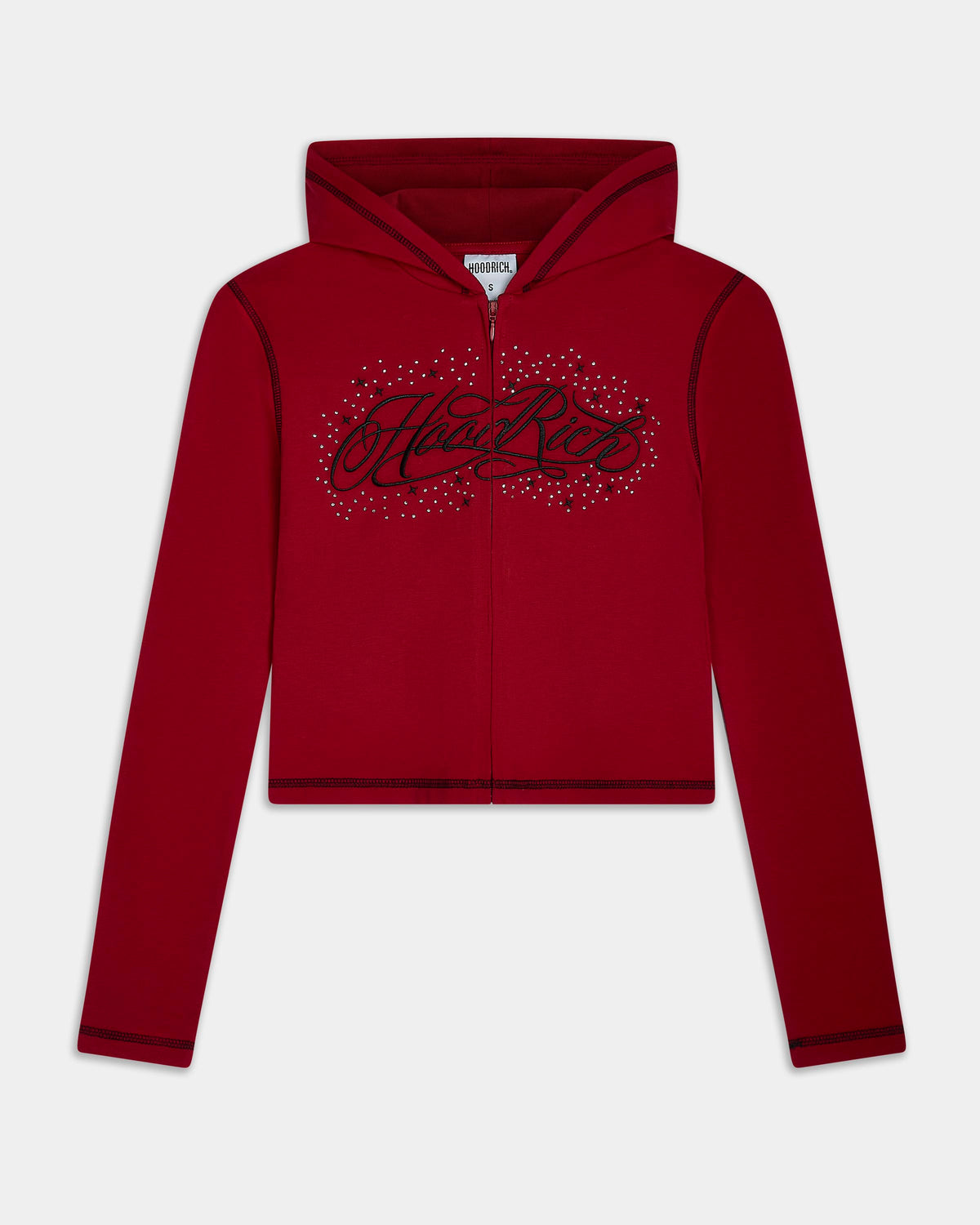Displays the red 'hoodrich' branded Gleam V2 Fitted Z/T Hoodie