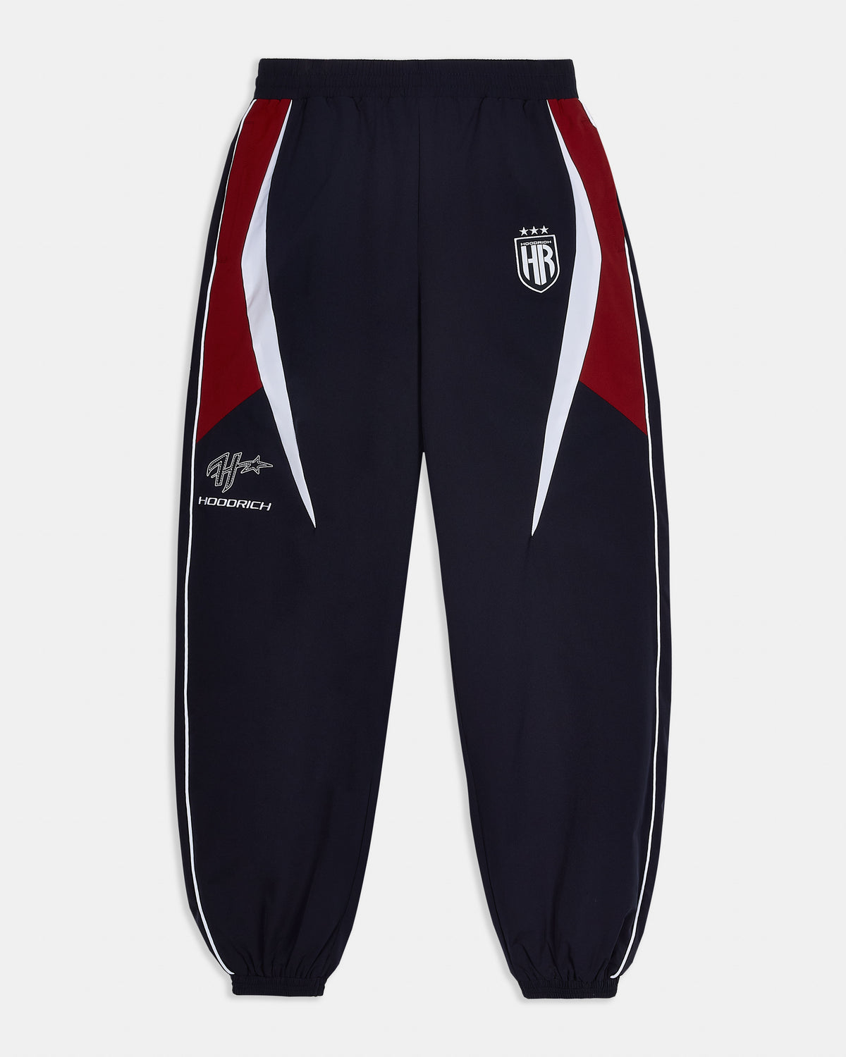 Black tracksuit pants with red and white accents on a white background