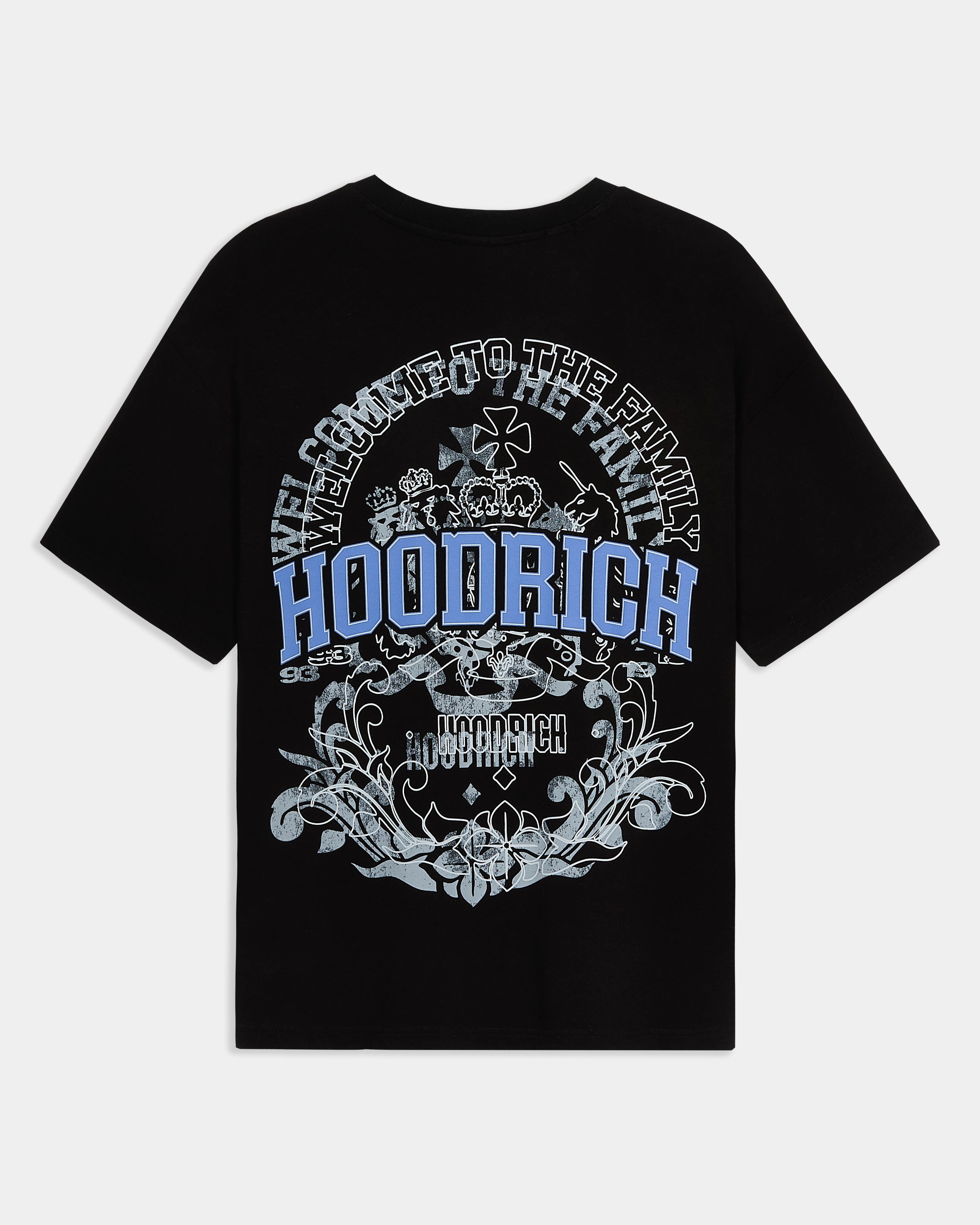 Black t-shirt with blue and white graphic design on a white background