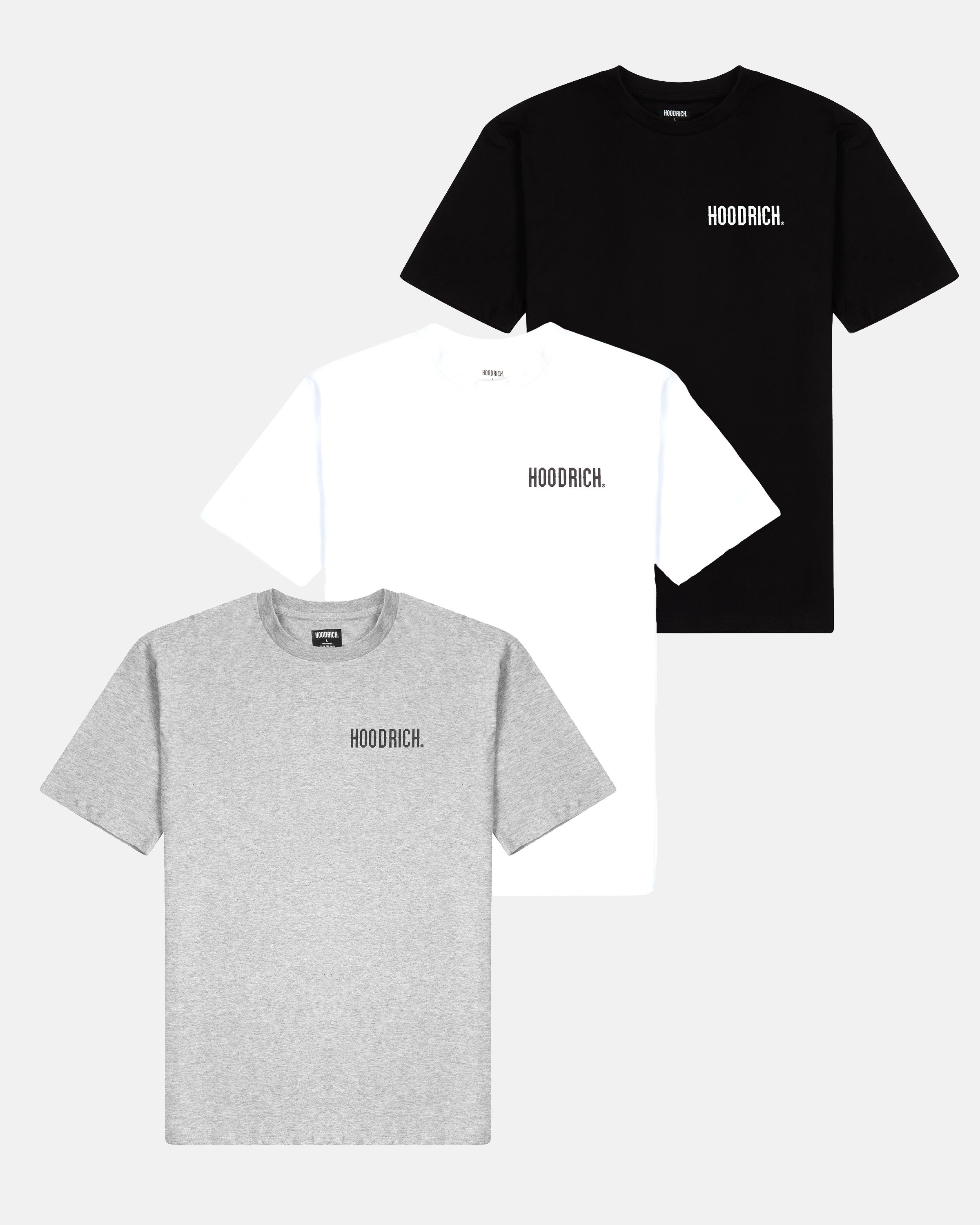 Three t-shirts in black, white, and gray with 'Hoodrich' branding on a white background.