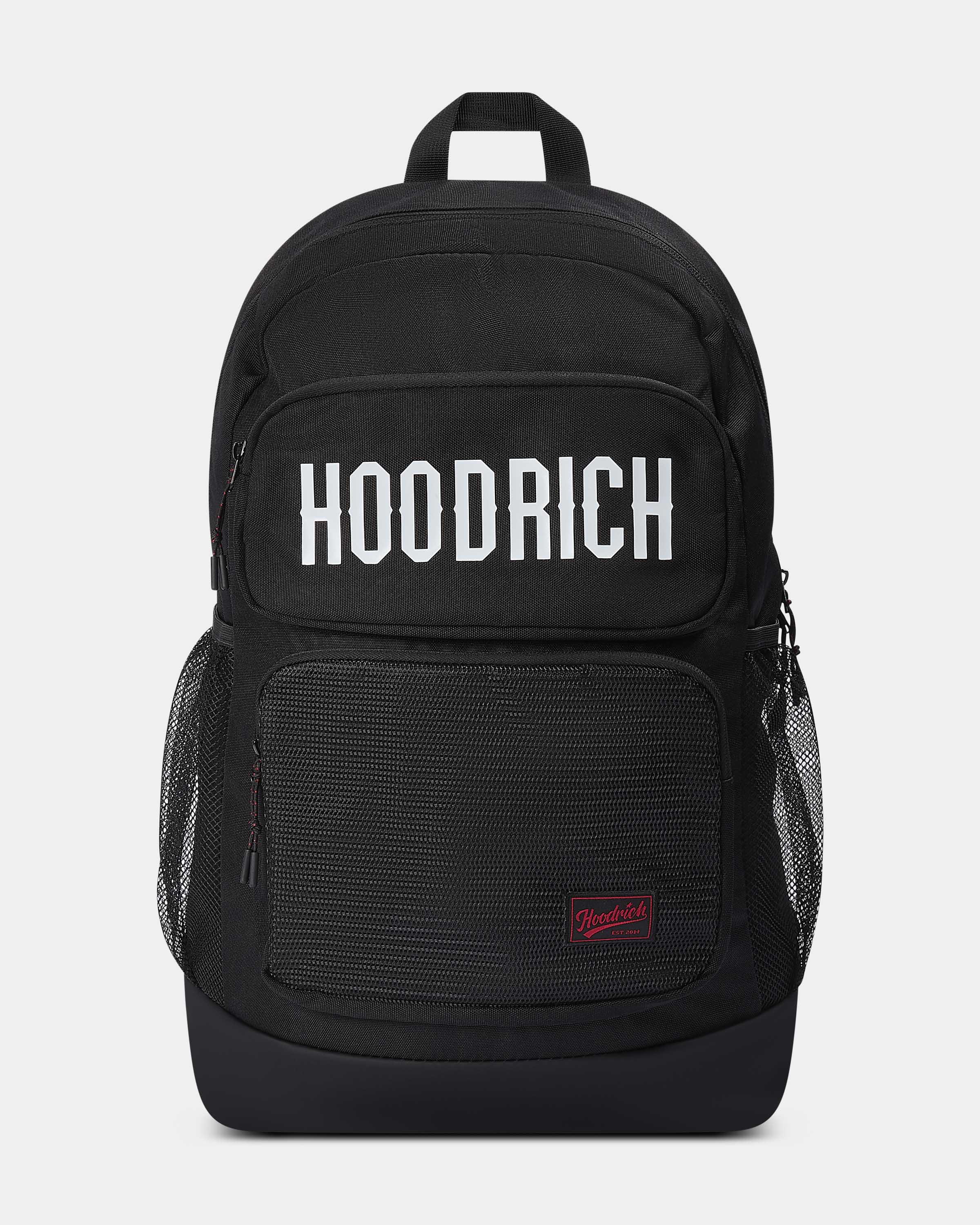 Black backpack with 'HOODRICH' branding on a light gray background
