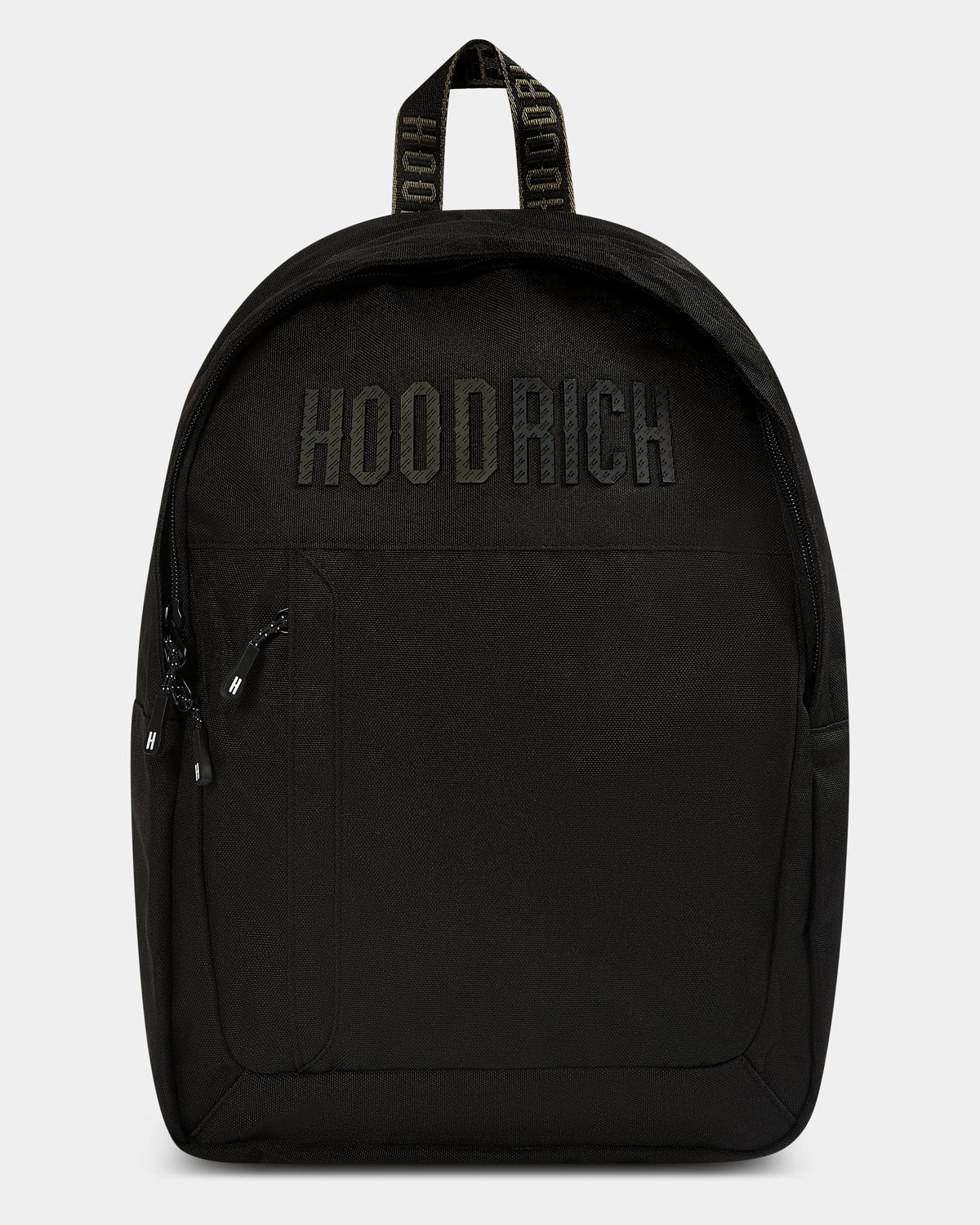 A black backpack with 'HOODRICH' printed in black across the front, featuring a top carrying handle with 'HOODRICH' text and a zippered pocket on the left side, shown against a light gray background.