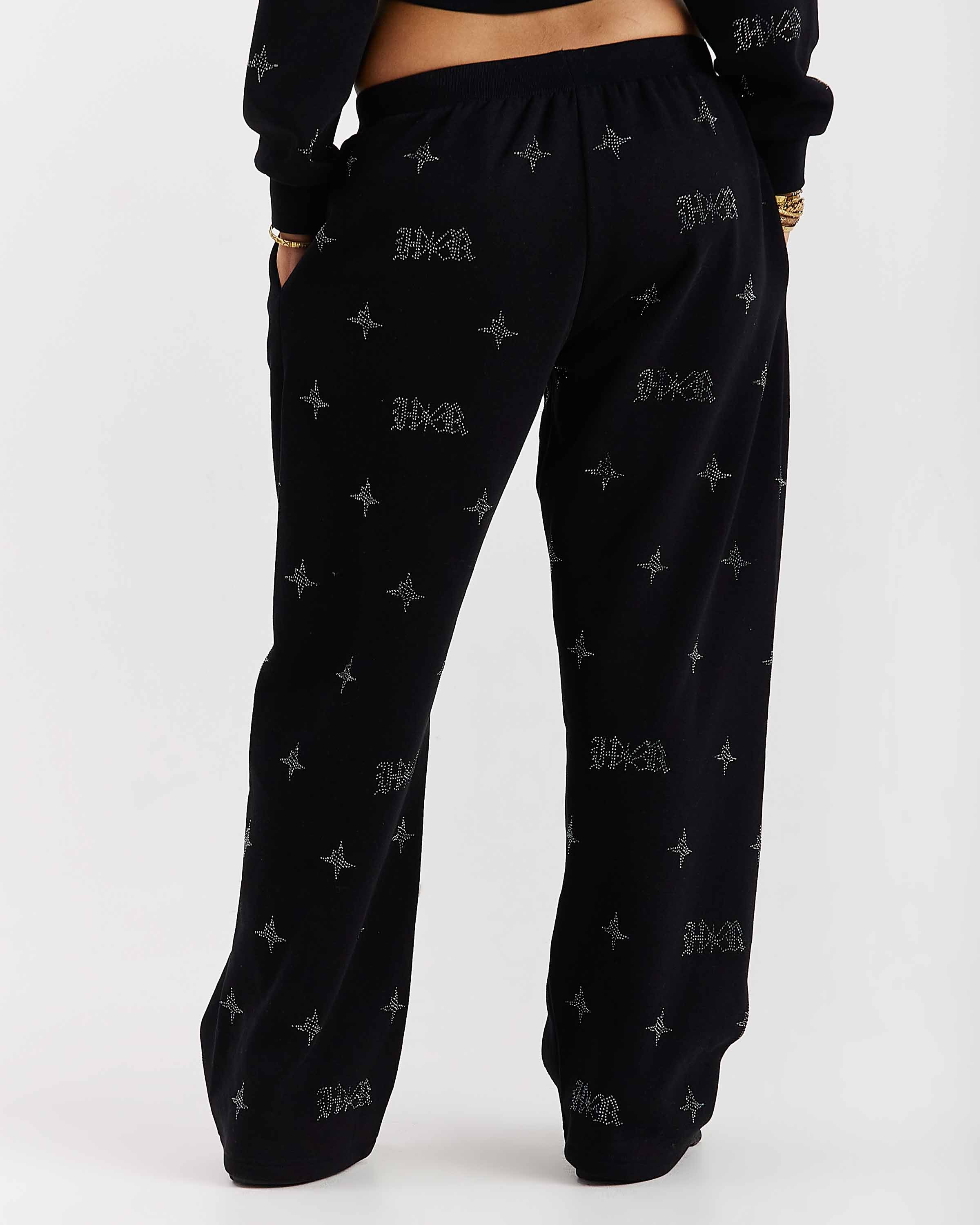 Black sweatpants with small patterns on a white background
