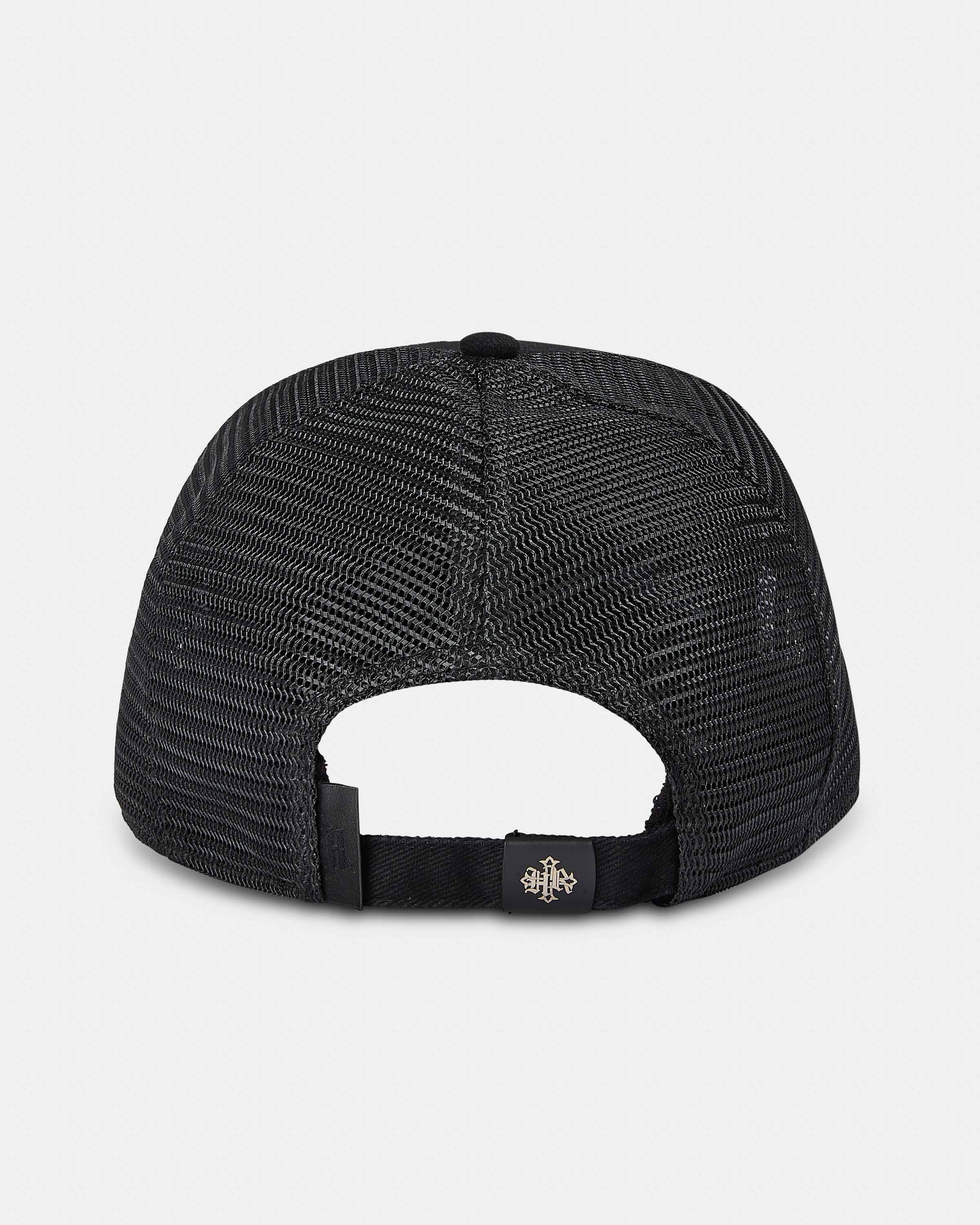 Displays the Black 'Hoodrich' branded Virtux 5 Panel Trucker Cap