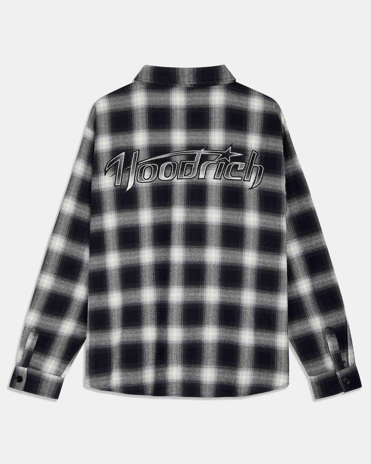 A long-sleeve plaid flannel shirt in black and white, featuring a large 'Hoodrich' logo printed across the chest, shown against a light gray background.