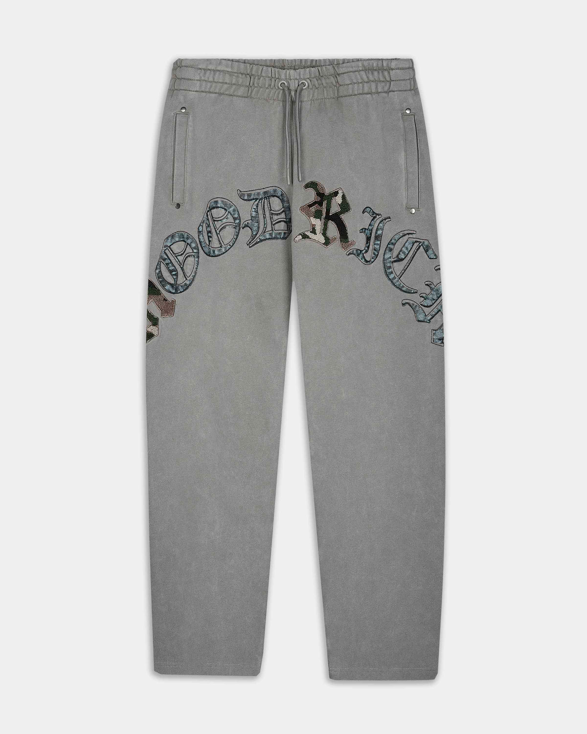 Light gray sweatpants featuring a large gothic-style 'Hoodrich' graphic across the front with a leopard print accent, shown against a light gray background.