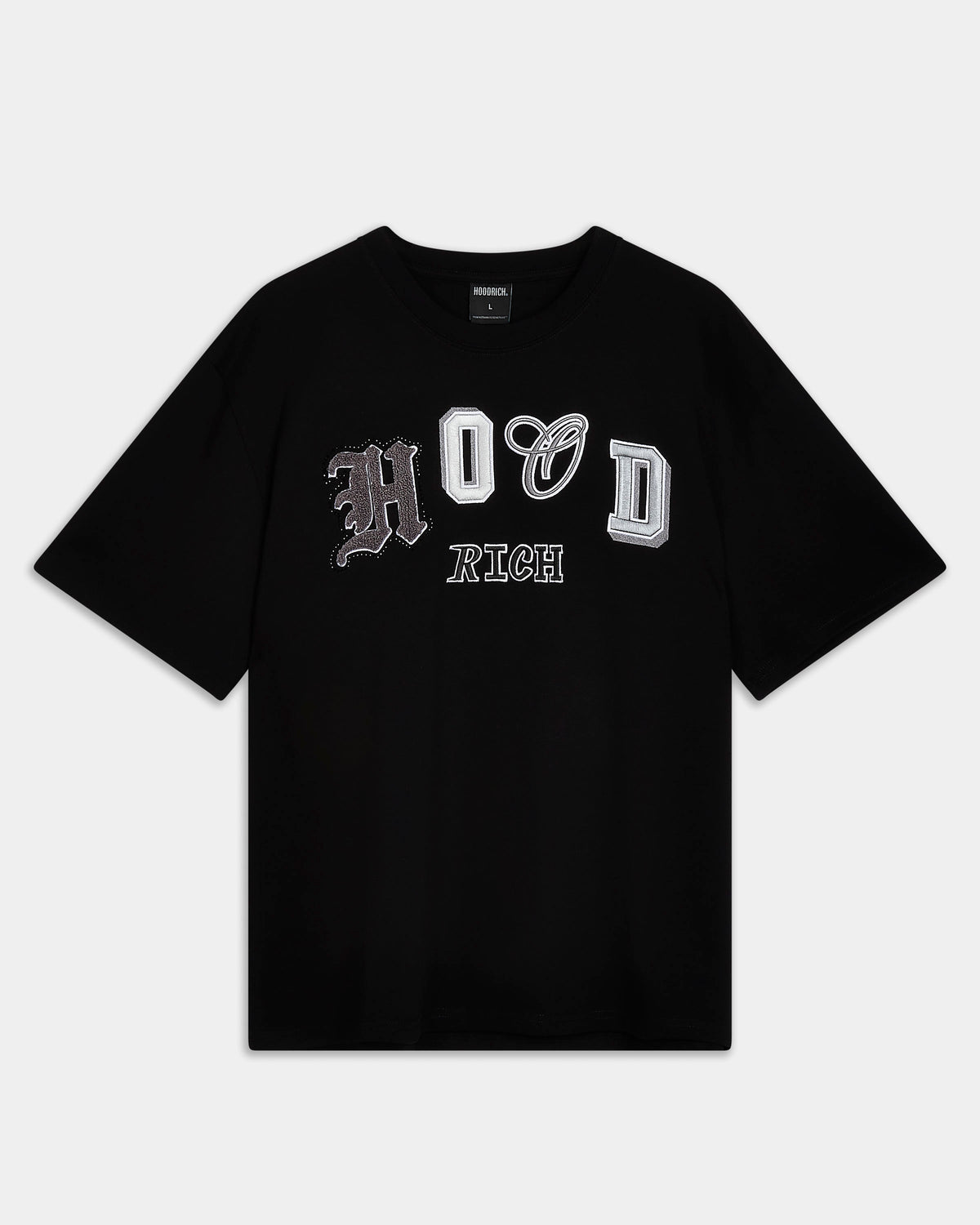 Displays the Black lava smoke 'Hoodrich' branded Forza Oversized T-shirt
