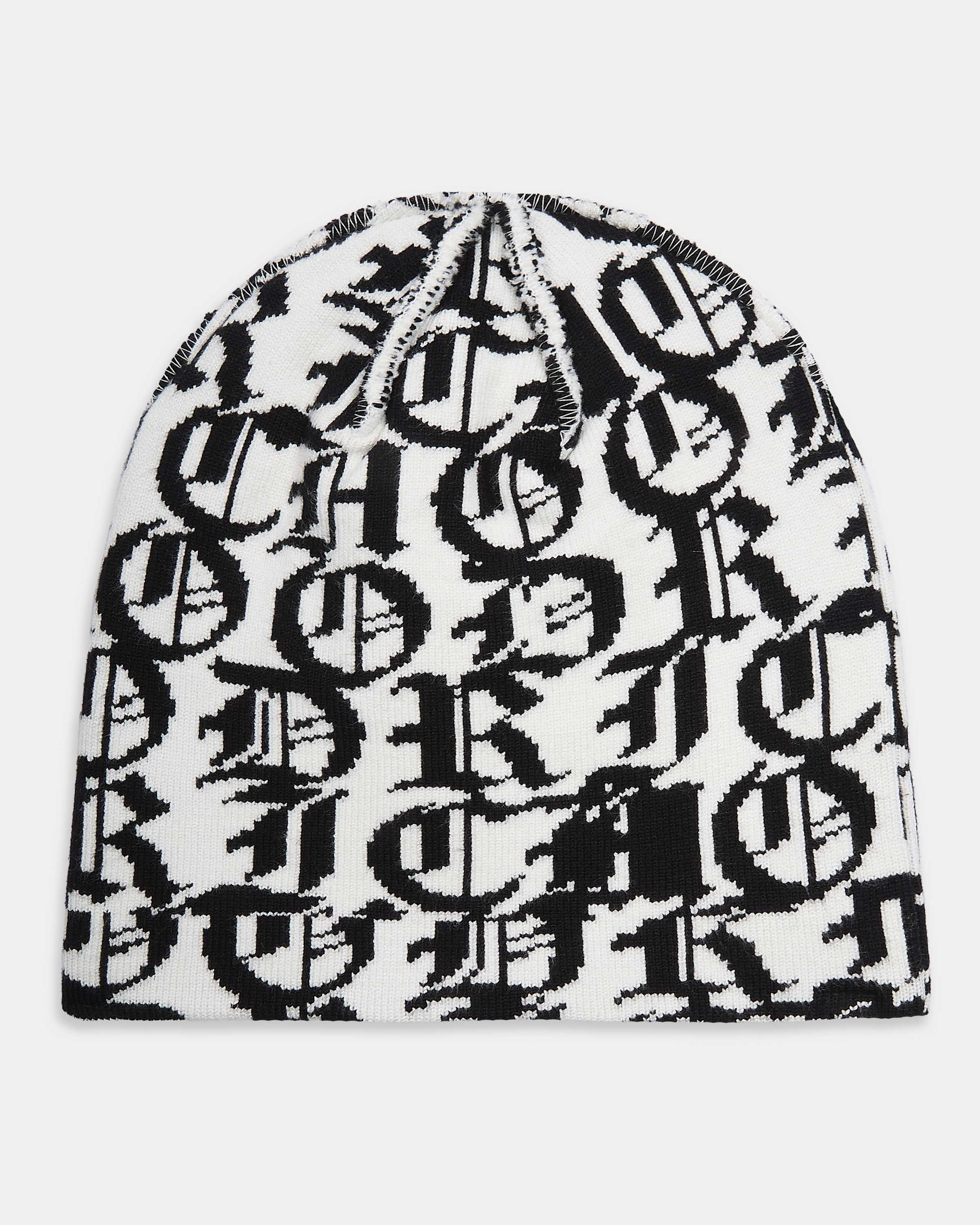 Black and white patterned beanie on a light gray background
