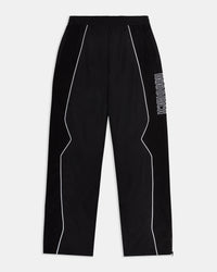 Black pants with white piping and branding on a light gray background