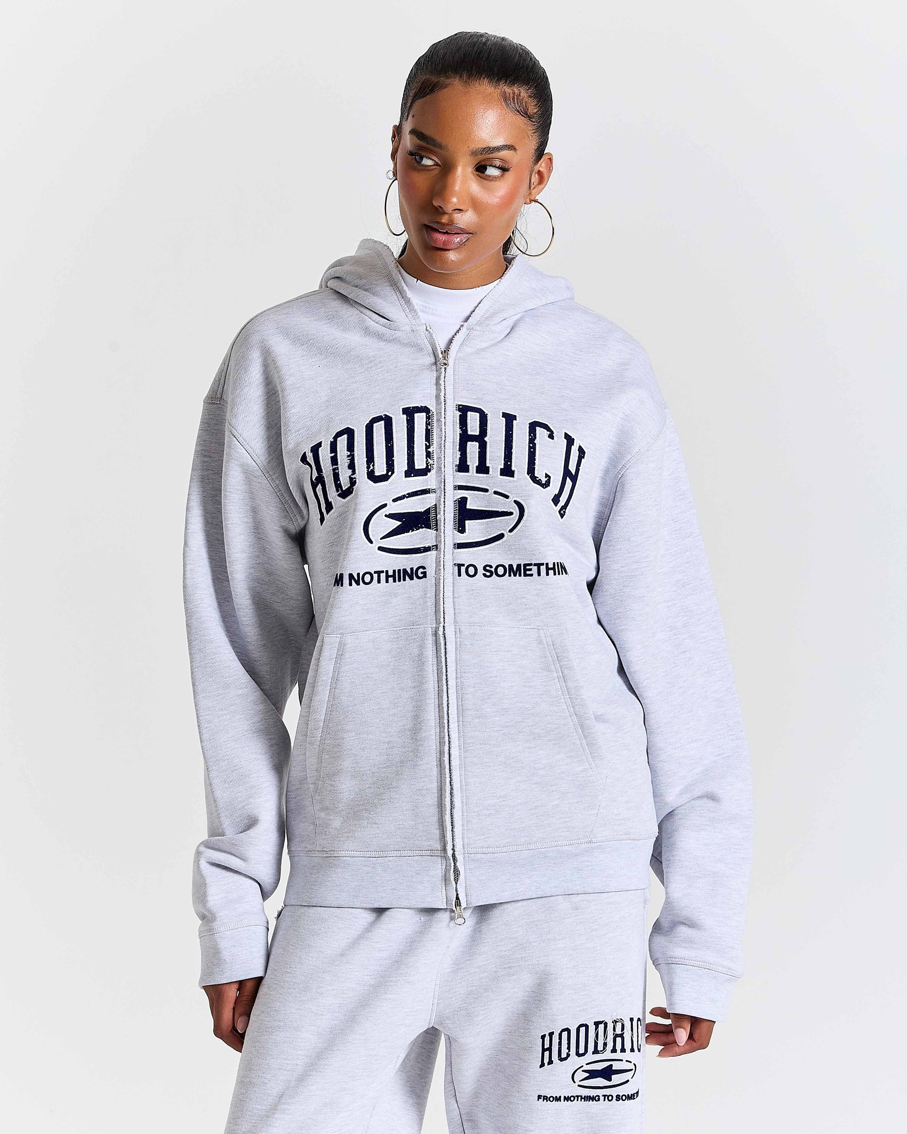 Fray Zip Relaxed Fit Hoodie - Grey Marl