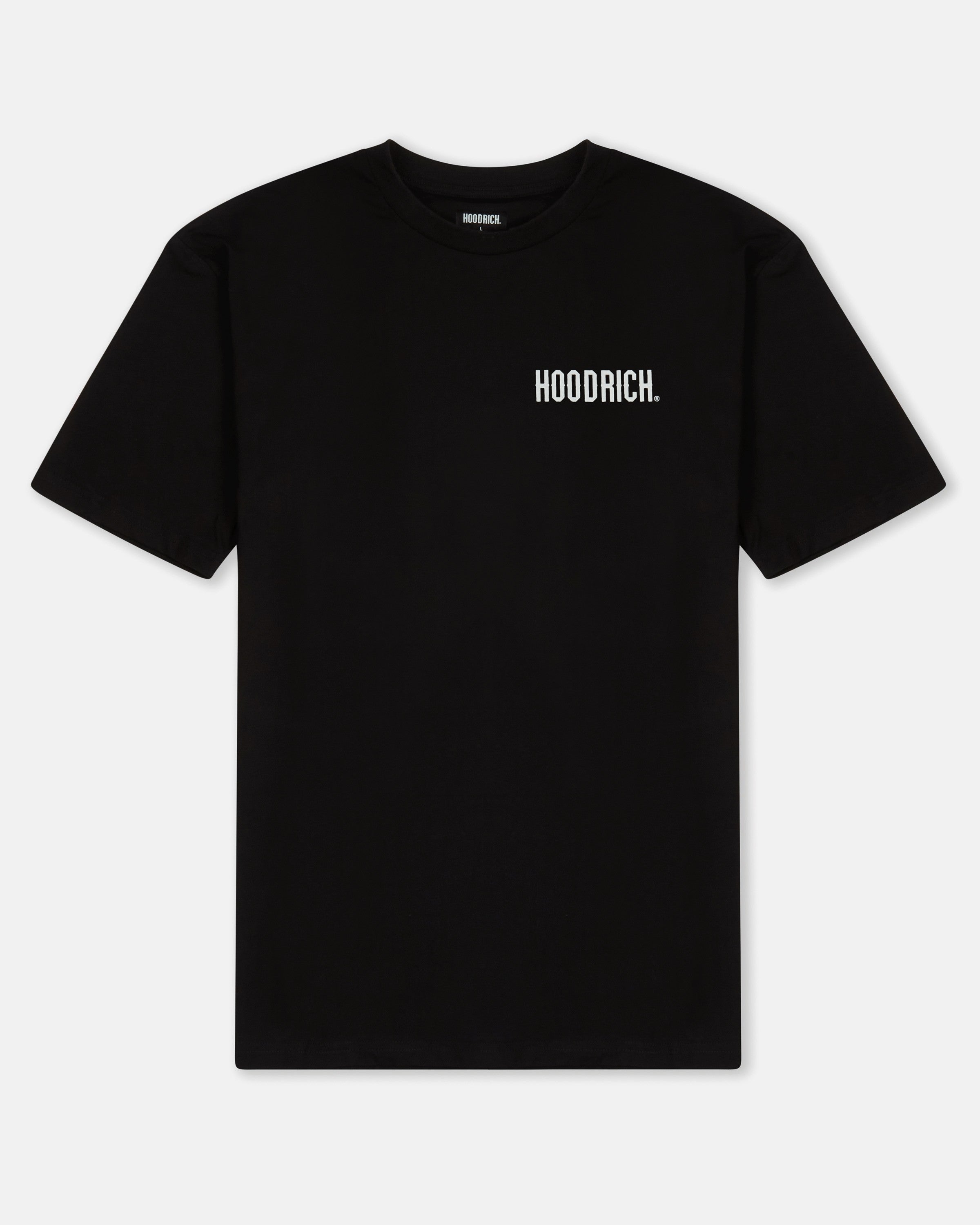 Black t-shirt with 'HOODRICH' logo on a white background