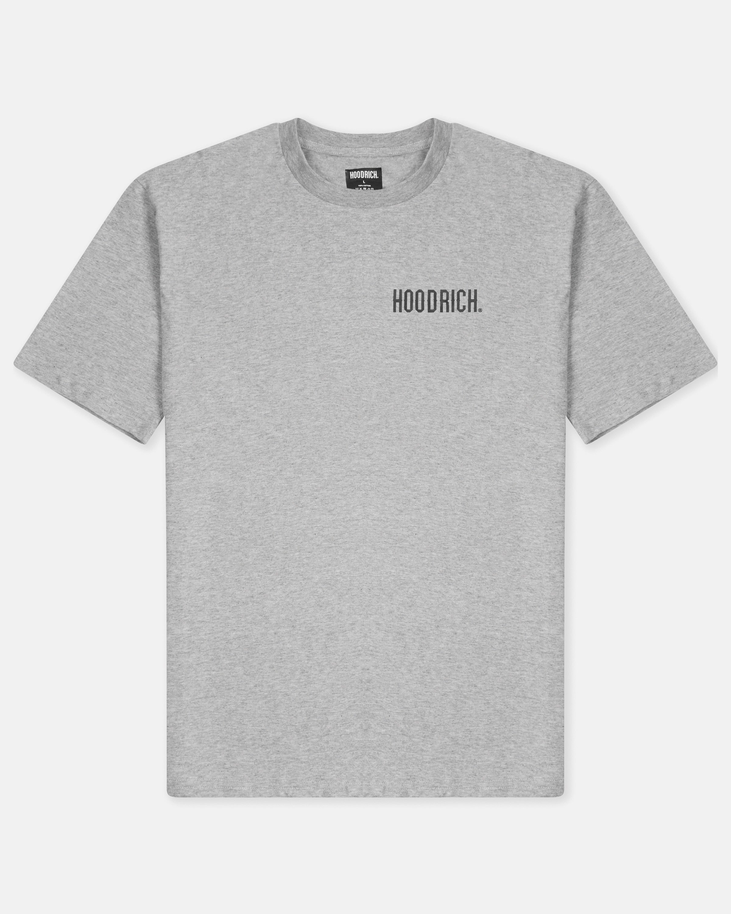 Grey t-shirt with a logo on the chest against a white background