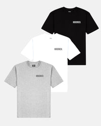 Three t-shirts in black, white, and gray with 'Hoodrich' branding on a white background.