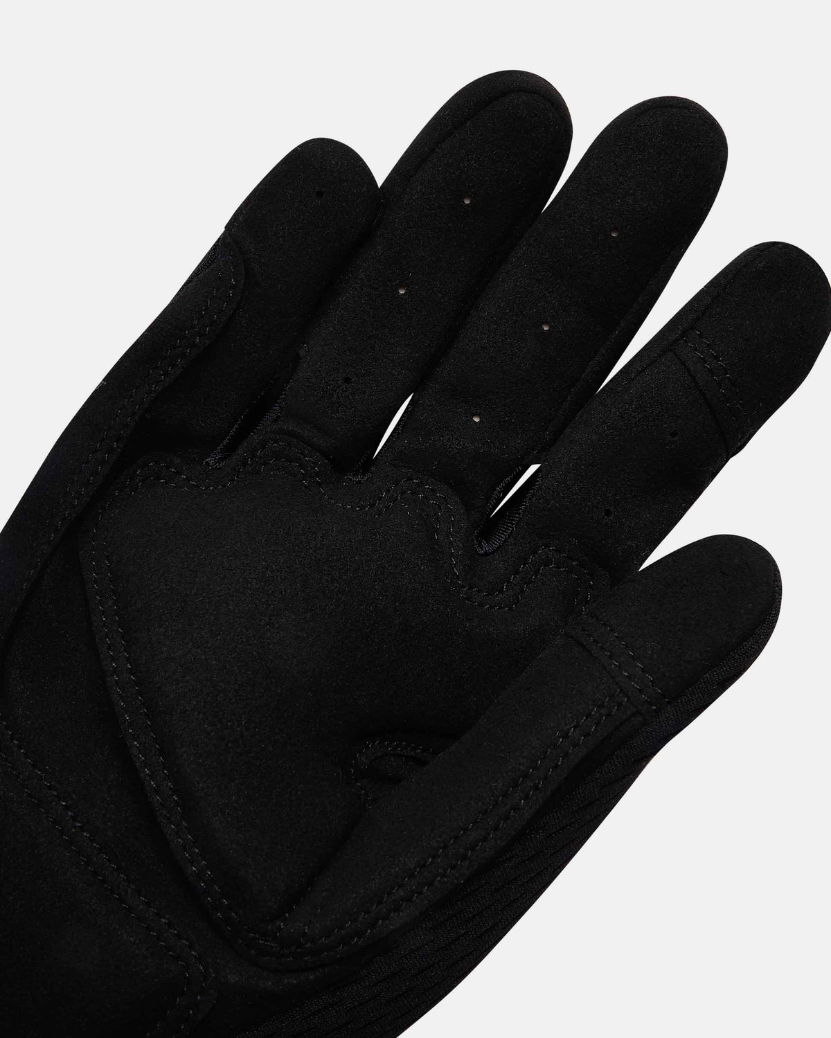 A close-up of a black glove made of textured fabric, showing the back of the hand with stitched details and ventilation holes on the fingers, set against a plain light gray background.