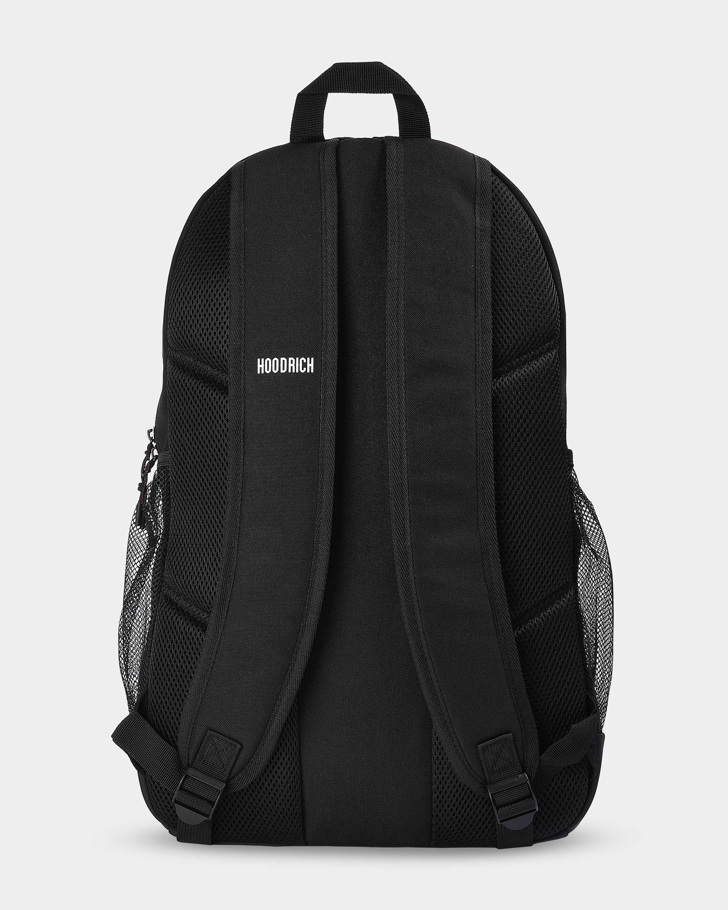 Black backpack with 'HOODRICH' branding on a light gray background