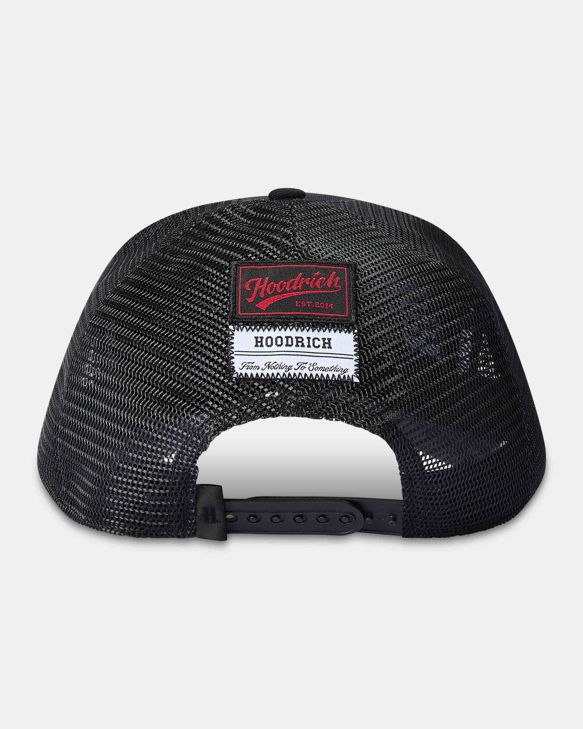 Back view of a black mesh snapback cap with two brand patches on the back panel, including a red and black 'Hoodrich' patch and a white 'HOODRICH' patch, on a light gray background.