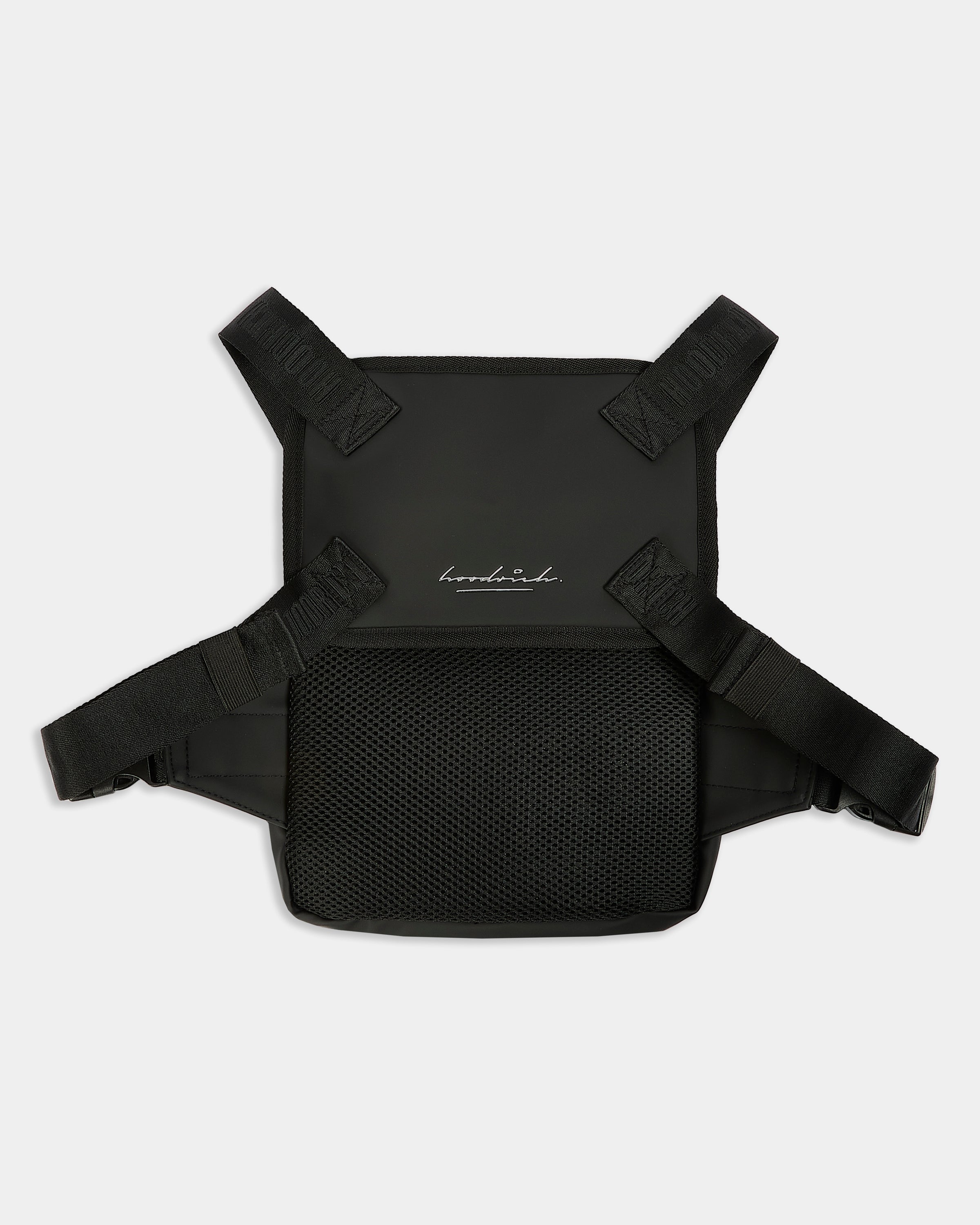 Back view of black chest body bag with Hoodrich white script logo