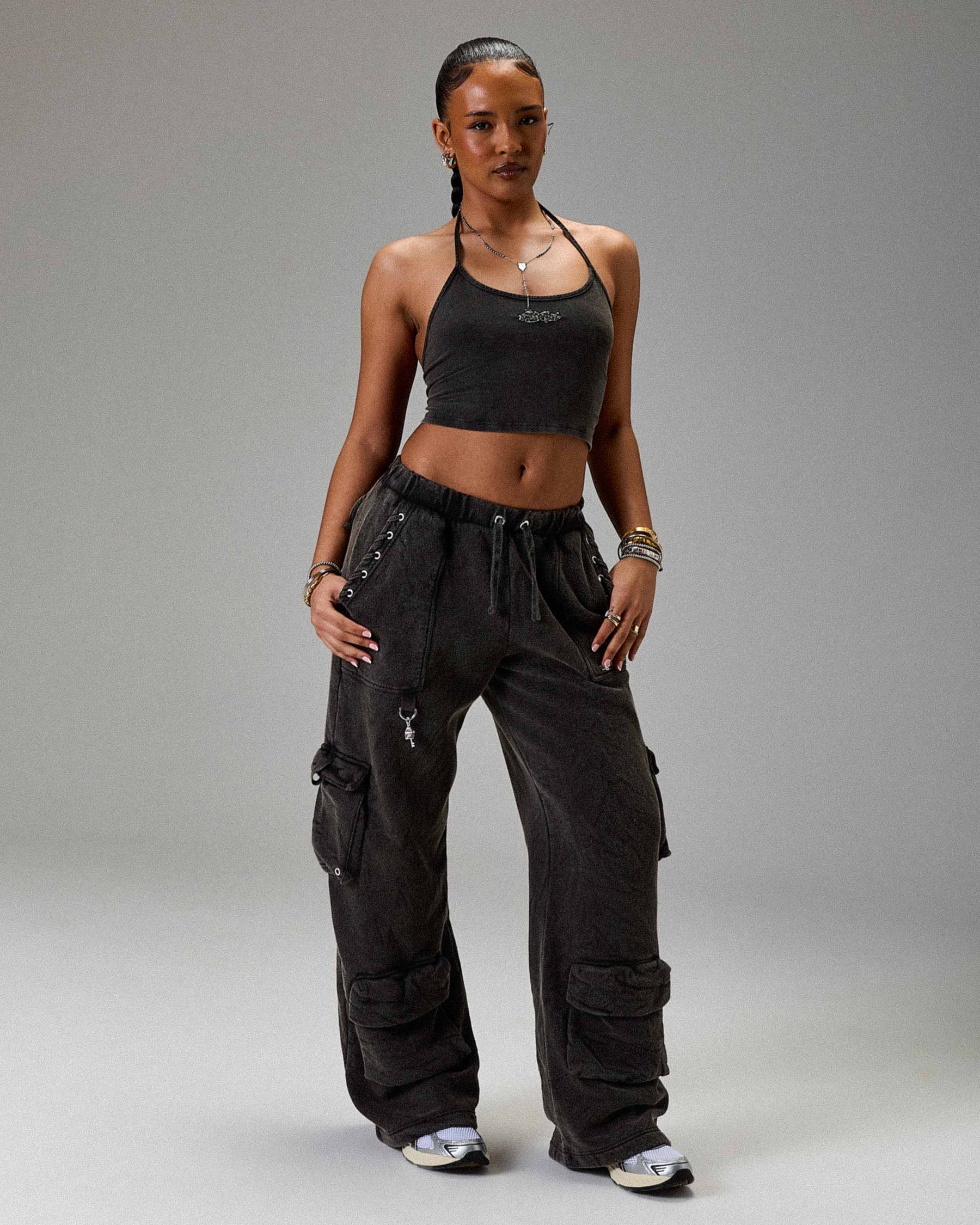 The Winner's Circle Token Tie Back Halter Top - Washed Black