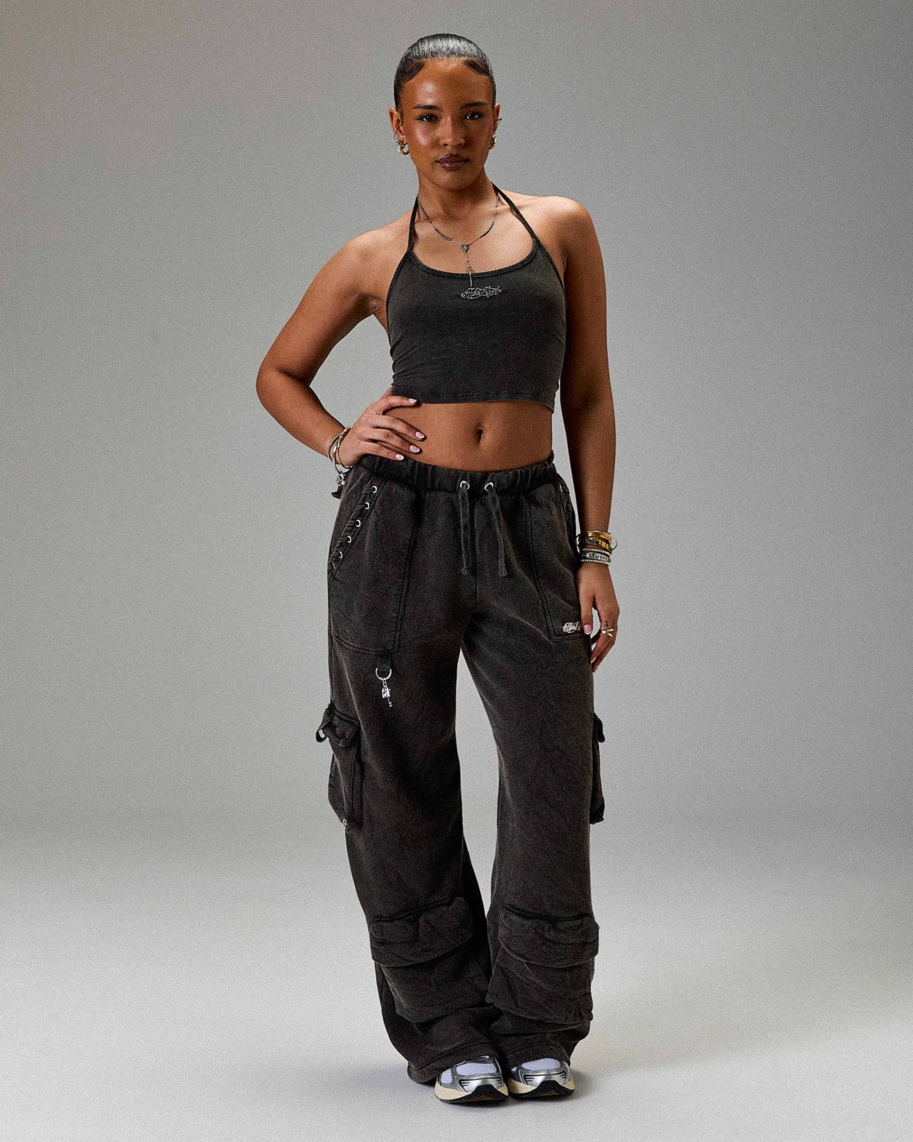 The Winner's Circle Token Tie Back Halter Top - Washed Black
