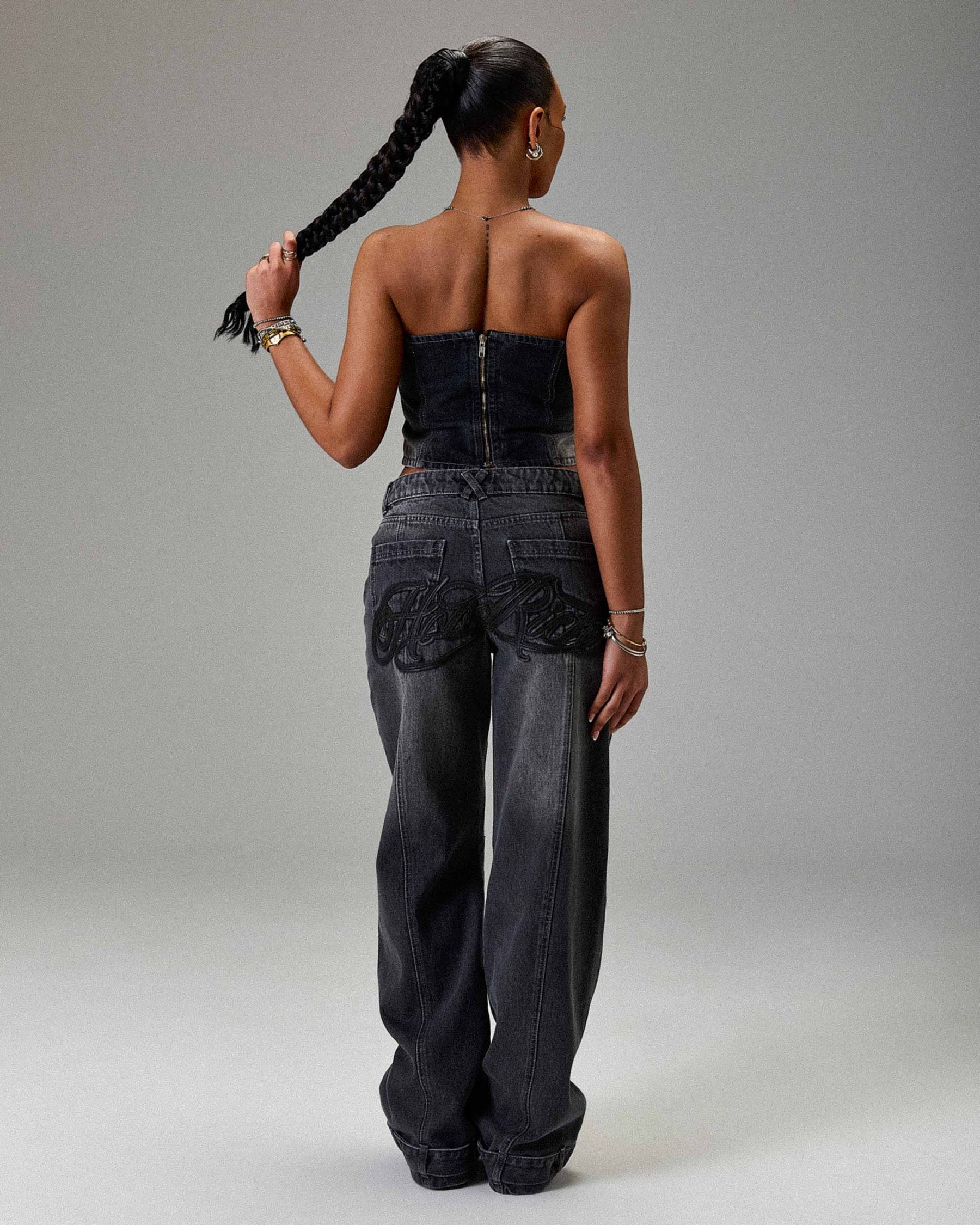 The Winner's Circle Solace Wide Leg Cargo Jeans - Grey/Black