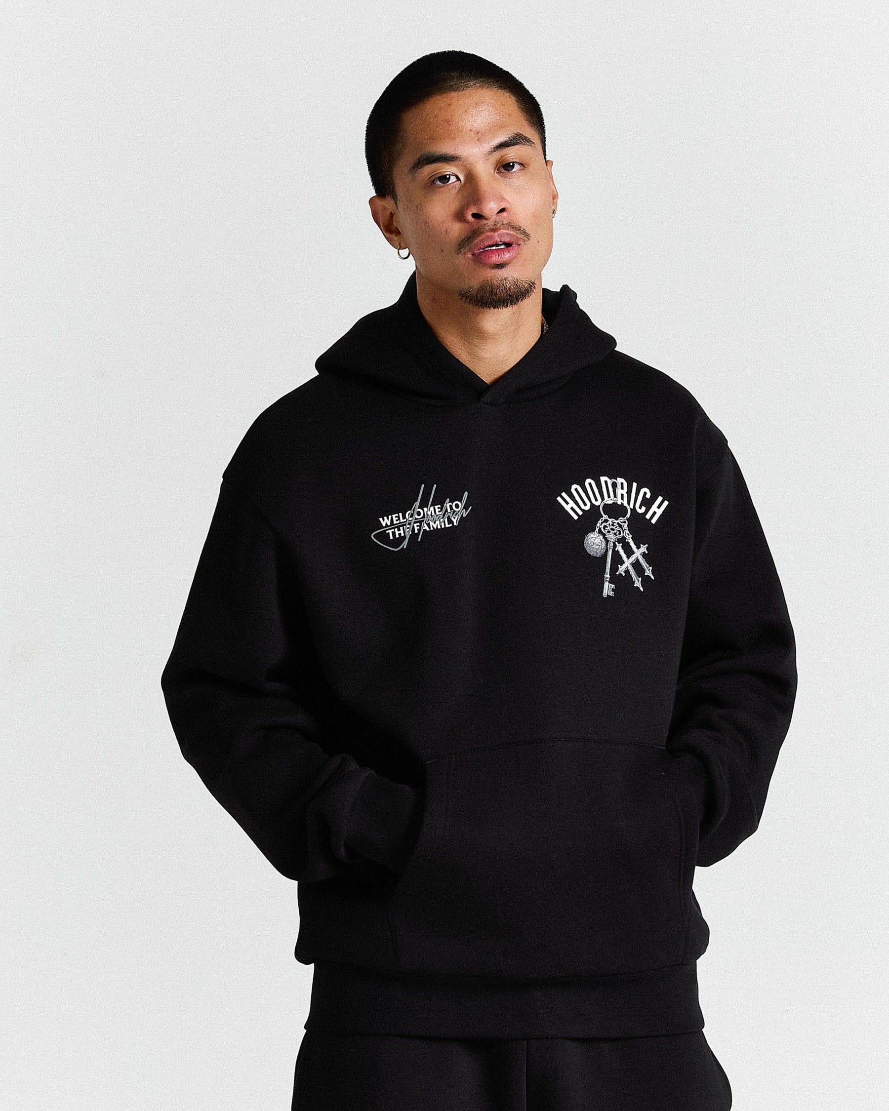 Person wearing a black hoodie with white branding on a light gray background