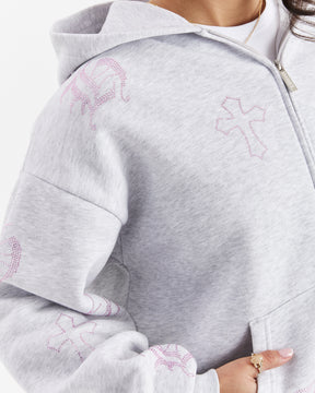 Crystal Zip Oversized Hoodie - Light Grey/Pink Rhinestone