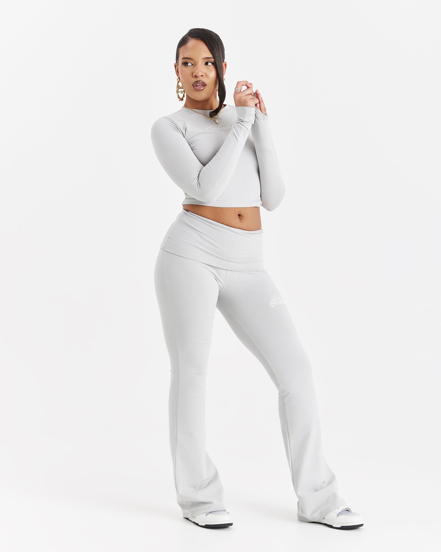 Poise Fold Waist Flare Leggings - Light Grey/White