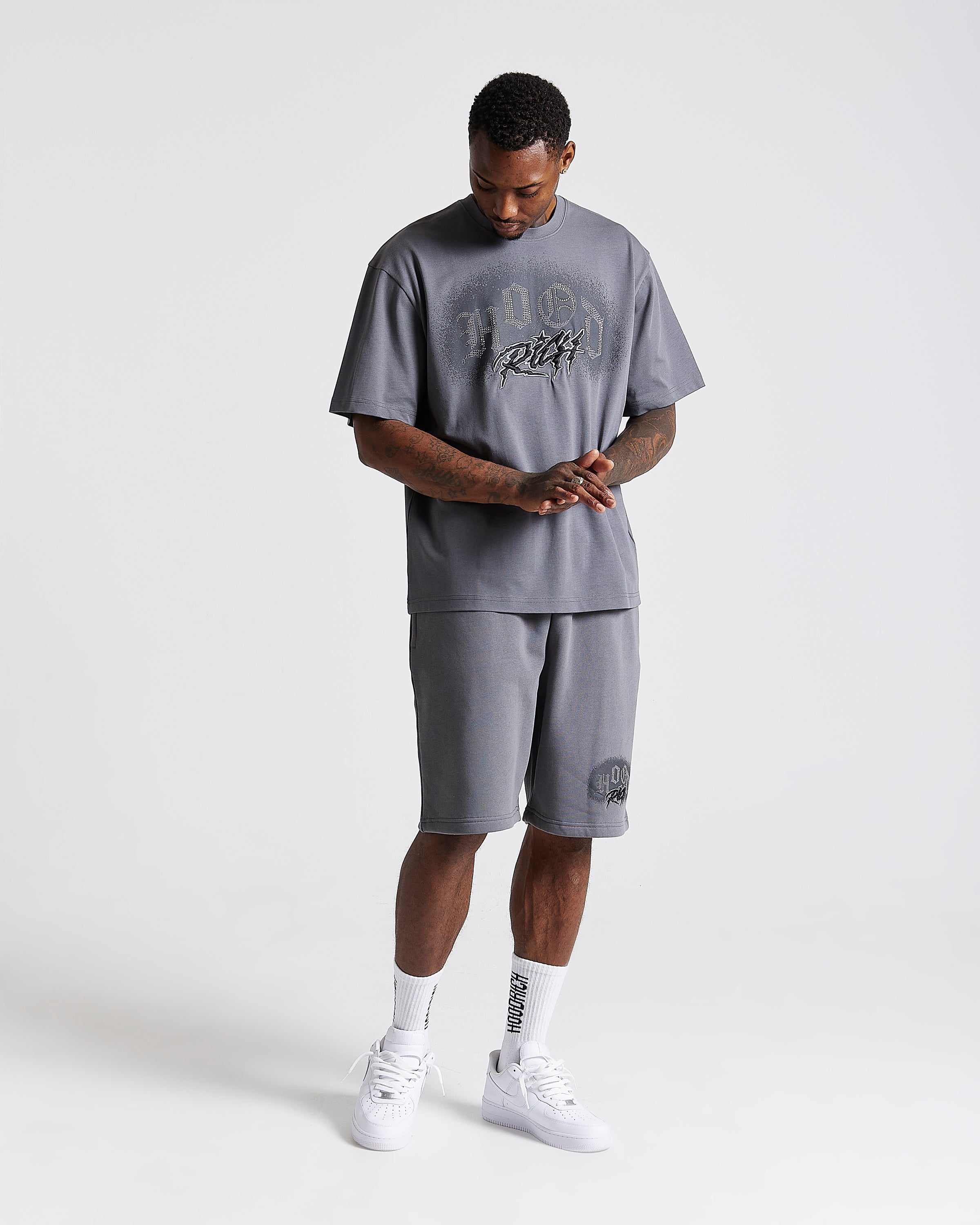 Iron Oversized Shorts - Grey/Rhinestones