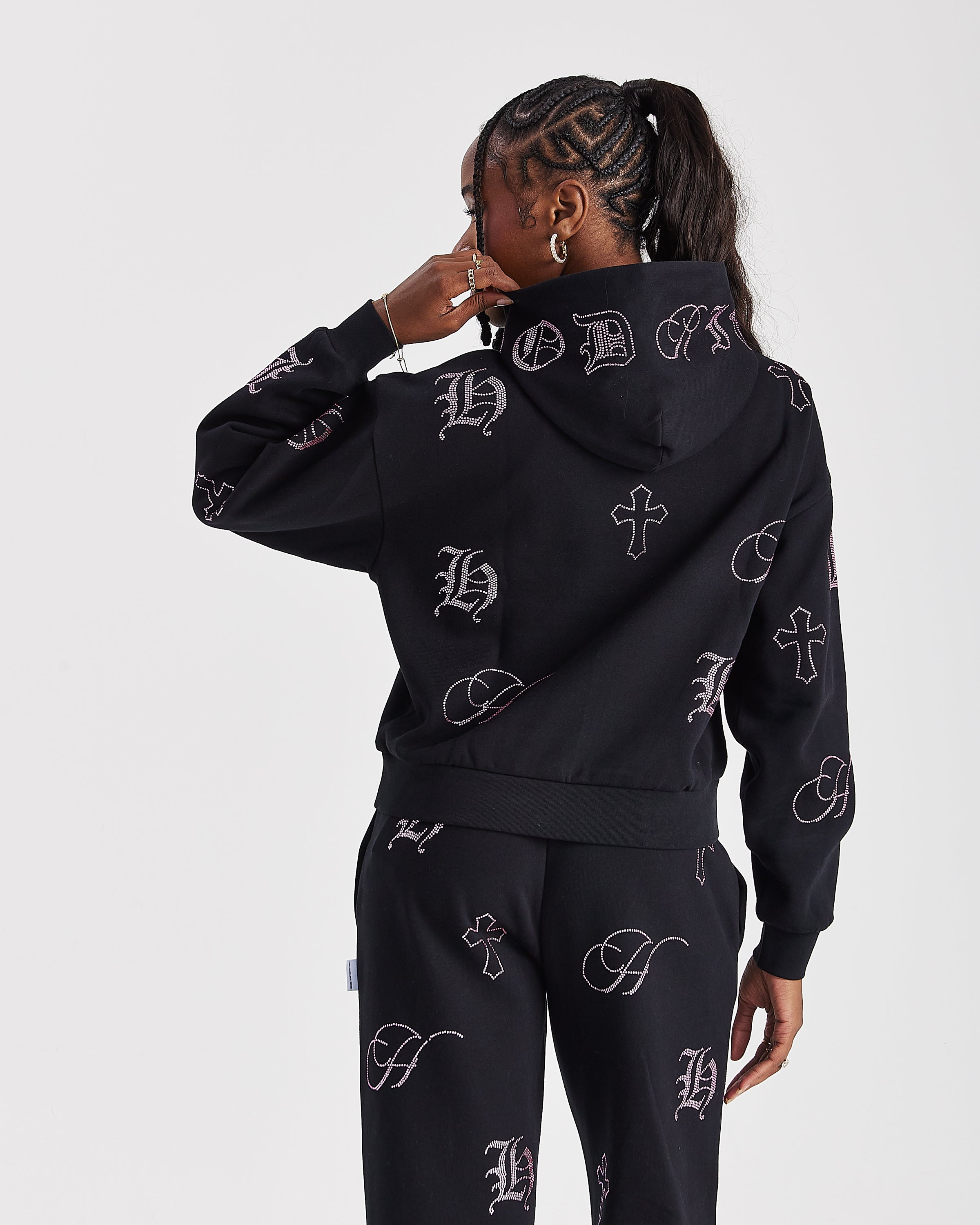 Crystal Mid Length Hoodie - Black/Pink Rhinestone
