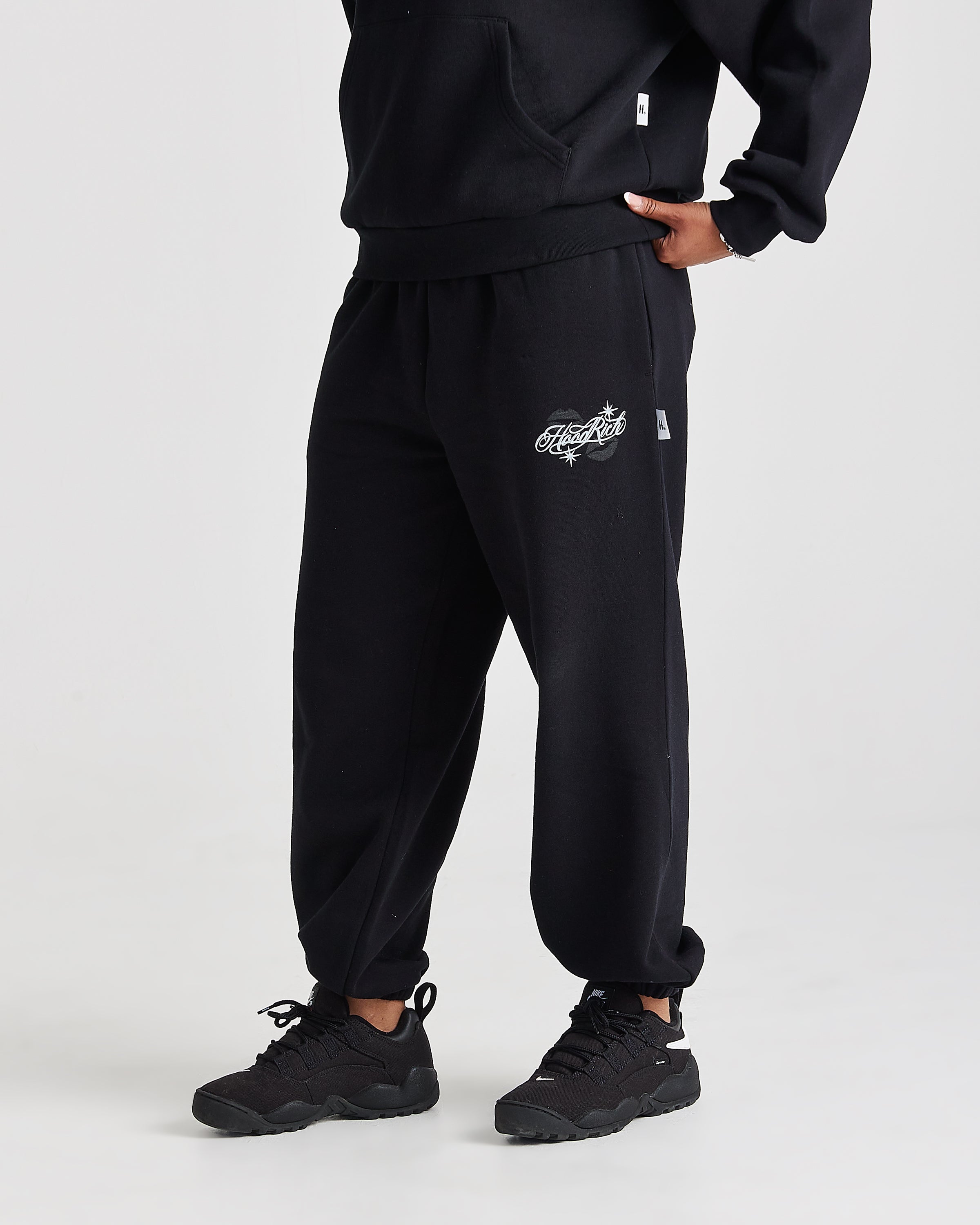 Black sweatpants with a white graphic logo on the left thigh, worn by a model with black sneakers against a light gray studio background.