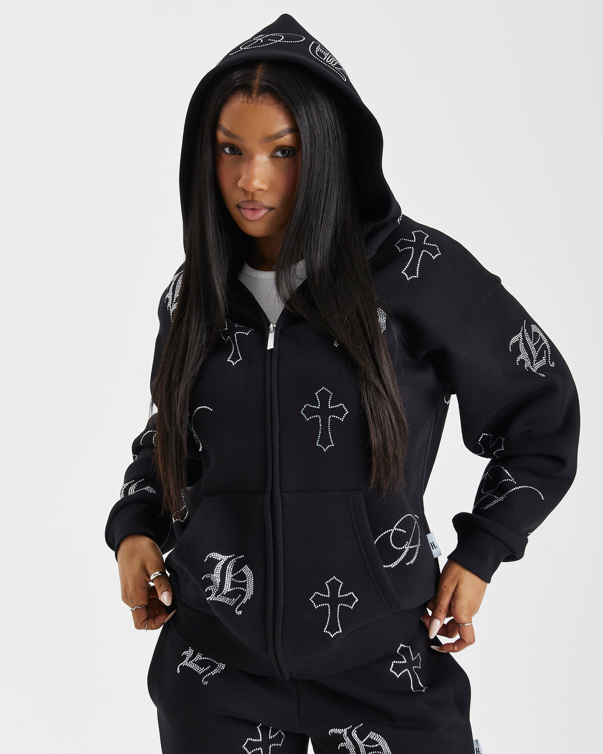 Crystal Oversized Zip Hoodie - Black/Silver Rhinestone