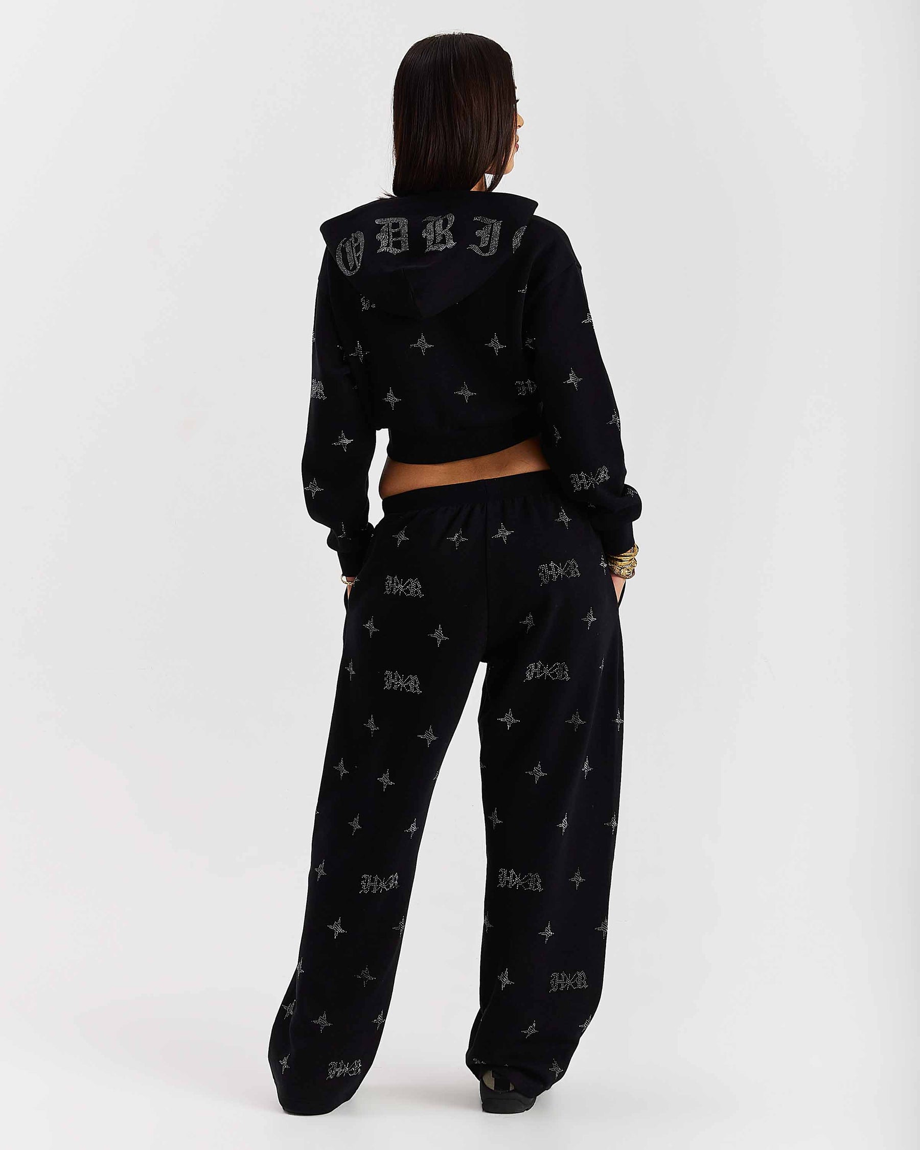 Razor Oversized Wide Leg Joggers - Black/Rhinestone