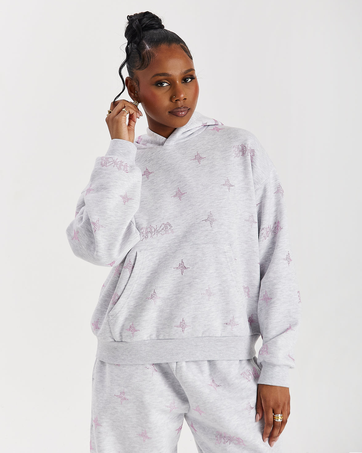 Razor Mid Length Hoodie - Light Grey/Rhinestone