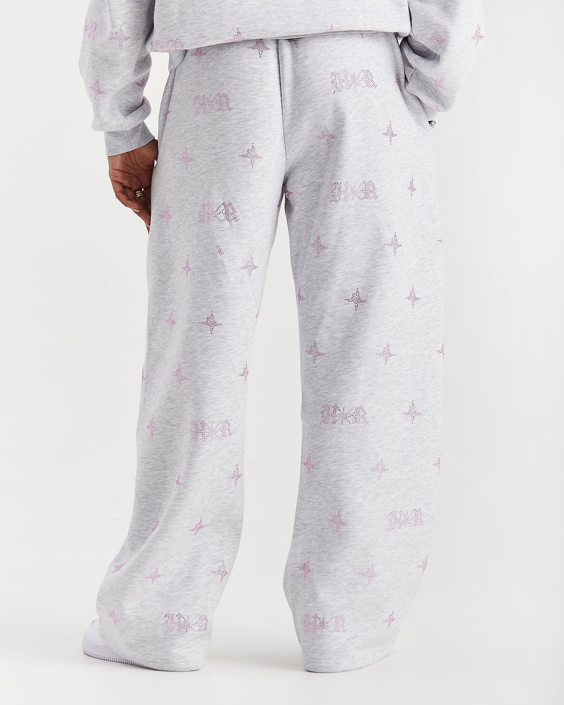 Razor Oversized Wide Leg Joggers - Light Grey/Rhinestone