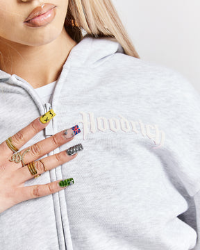 Totem Cropped Zip Hoodie - Light Grey/Pink/Rhinestone