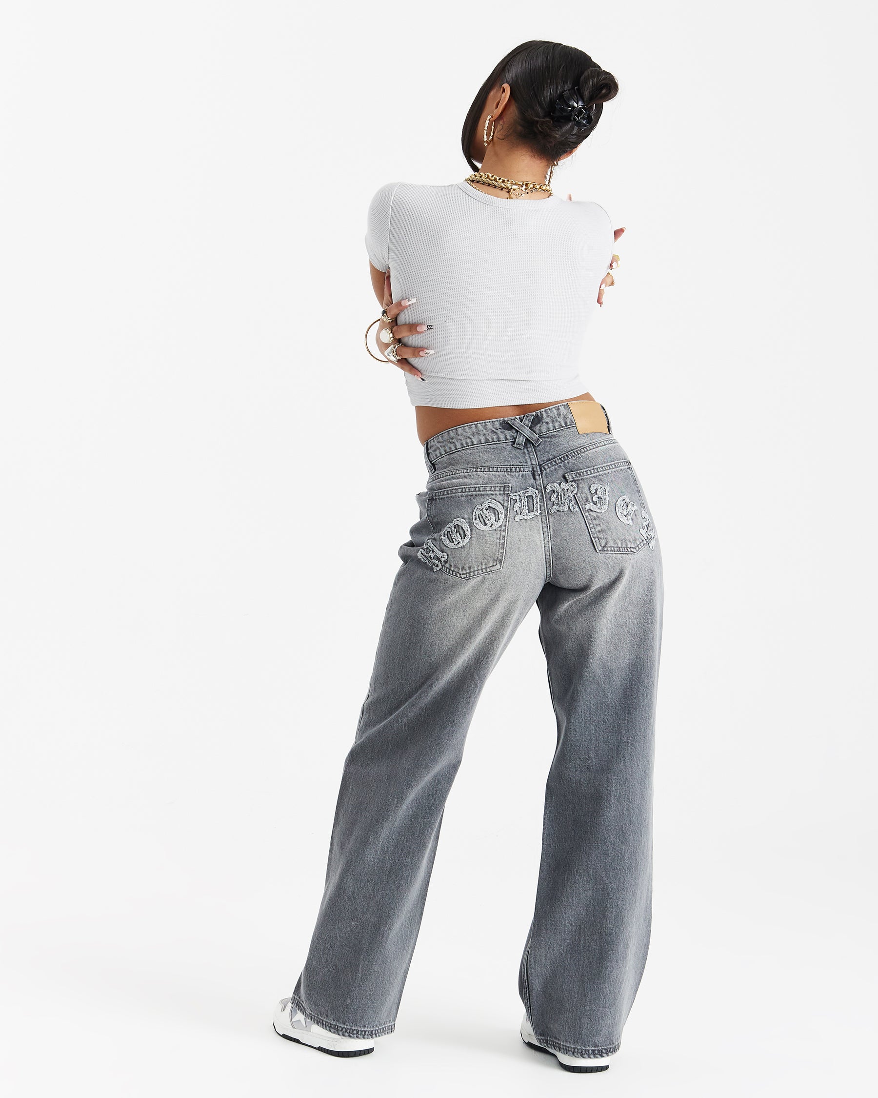 Distressed Gothic Wide Leg Jeans - Grey Wash