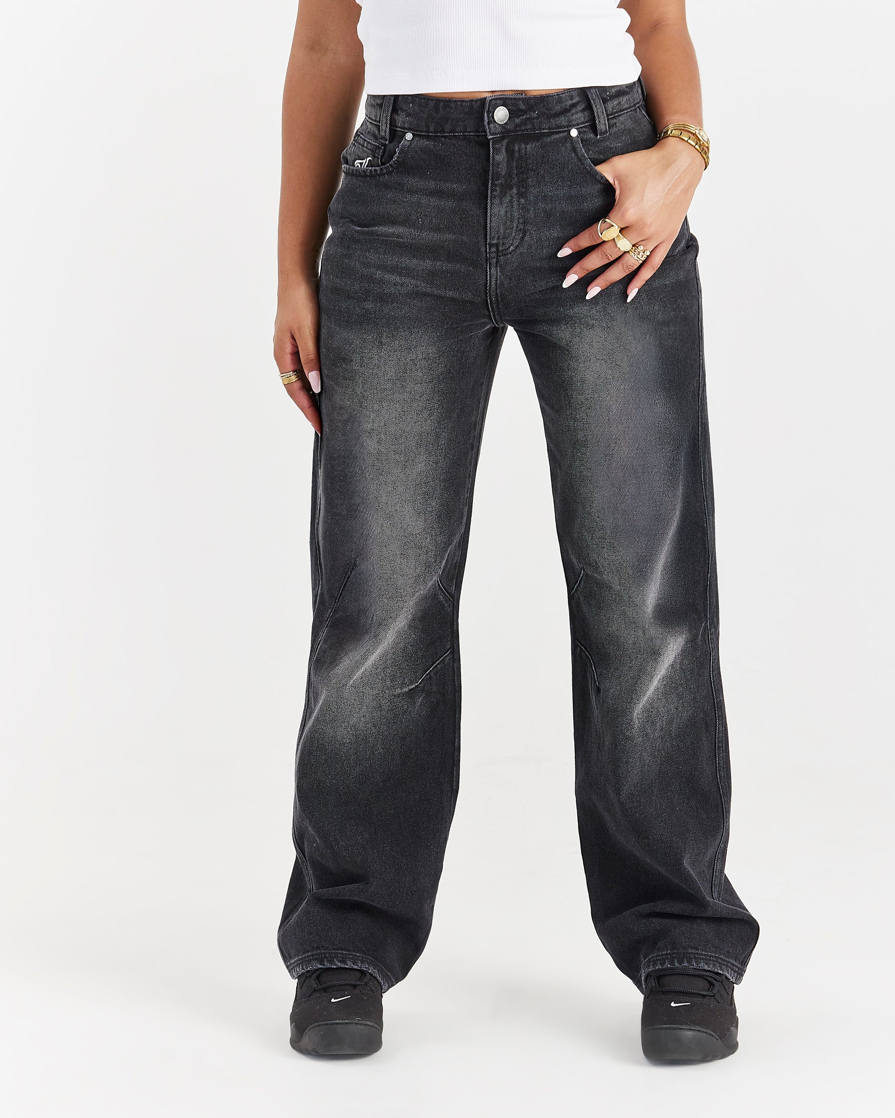 Script Wide Leg Jeans - Black Wash